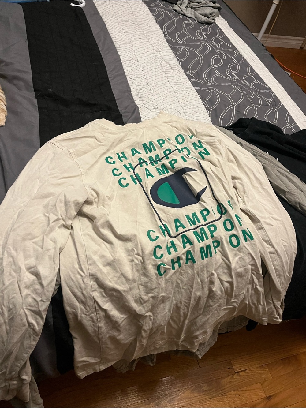 Champion Cream Long-Sleeve Logo Shirt Jacket with Teal and Navy Graphics